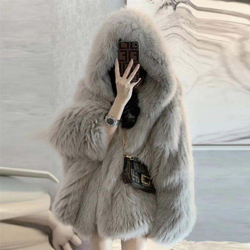 Женское пальто средней длины с капюшоном, красное пальто с воротником средней длины из искусственного меха лисы в Корейском стиле, Осень-зима 2023