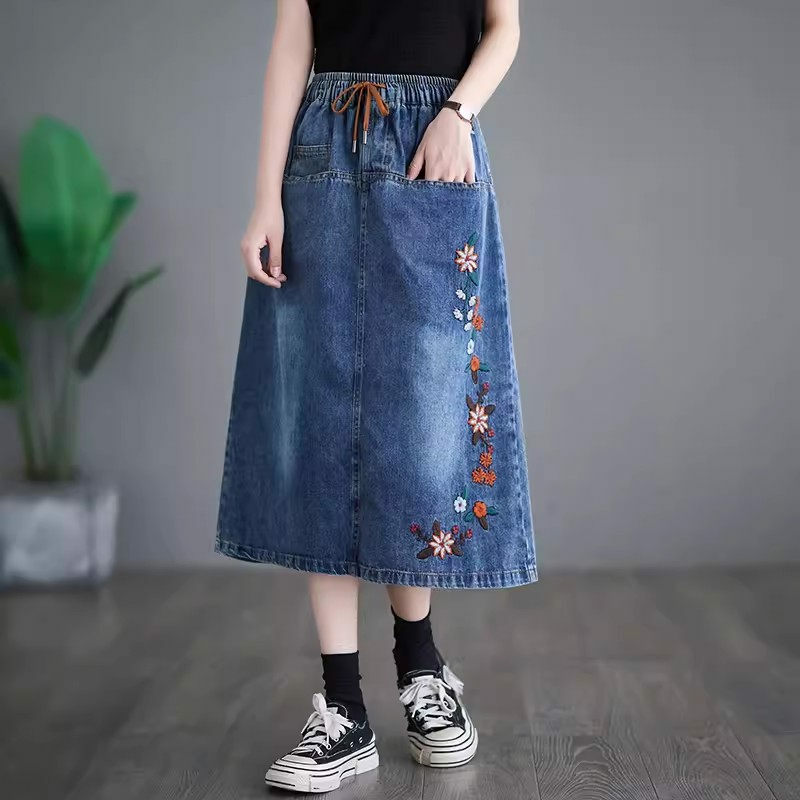 Jupe Denim Midi gonna donna oversize 2024 estate nuovi Jeans ricamo di media lunghezza Versatile Lace Up elastico in vita Saias K1410