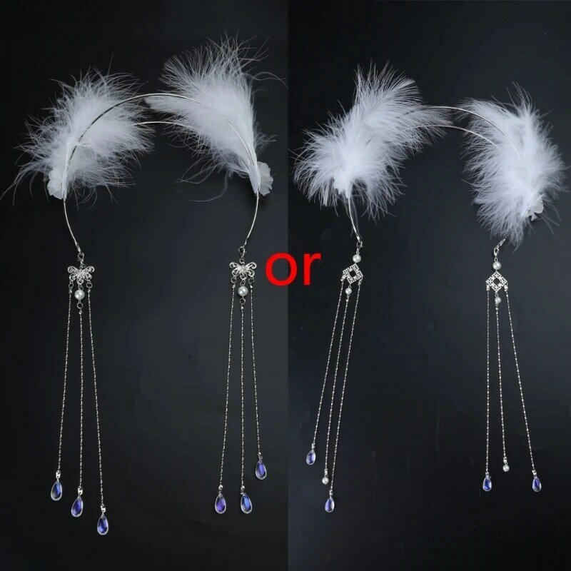 Diadema plumas con borla, accesorios para cabello plumas blancas peludas, tocados