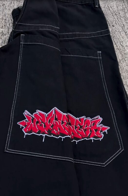 Calças de skate Harajuku pretas para homens e mulheres, calças largas de cintura alta, bordado gráfico, jeans largos, streetwear Y2K