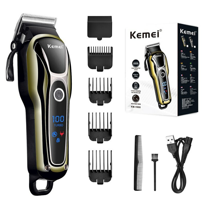 KEMEI Kit alat cukur rambut tanpa kabel, pemangkas jenggot tegangan ganda untuk pria dengan baterai isi ulang & tampilan Digital