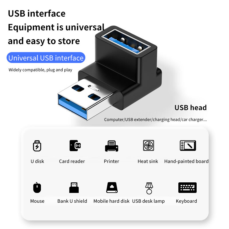 Ângulo direito USB 3.0 adaptador de extensão macho para fêmea conector Plug Converter, 10Gbps, conector de 90 graus para PC