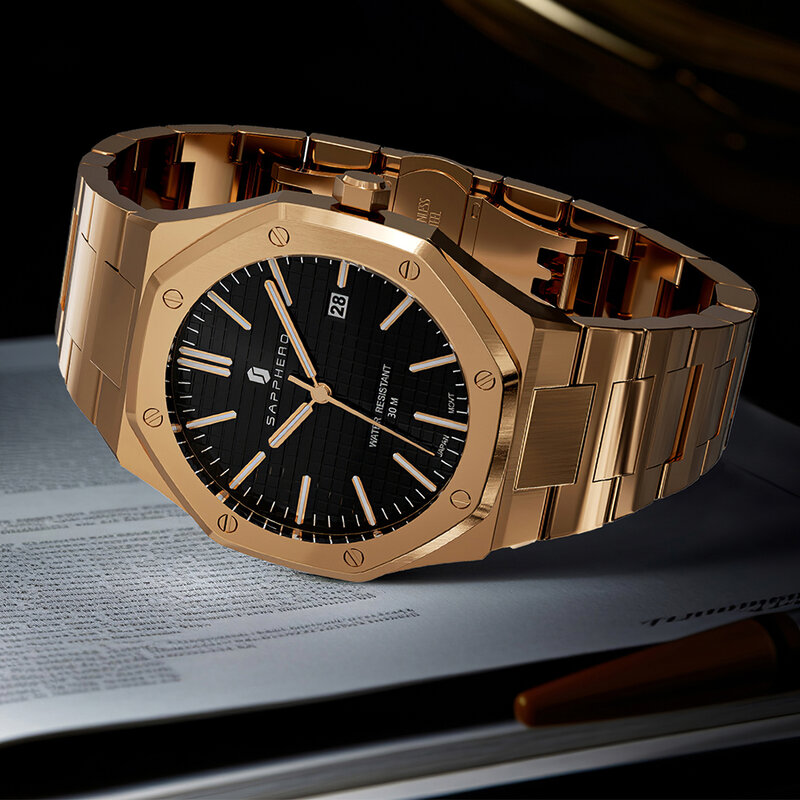 SAPPHERO Zegarki dla mężczyzn luksusowy biznes różowe złoto zegarek świecąca data 30M wodoodporna kwarcowa męska stal zegarek ze stali