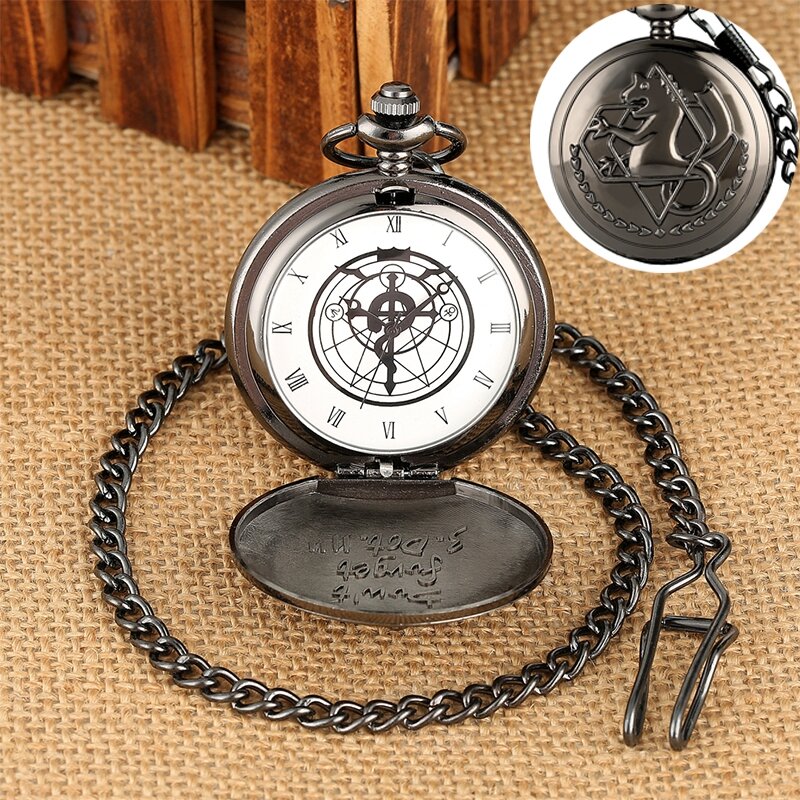 Vintage Black Fullmetal Alchemist นาฬิกาควอตซ์ Steampunk ยอดนิยม Edward Elric สร้อยคอลูกปัดแฟนคอสเพลย์อะนิเมะนาฬิกา