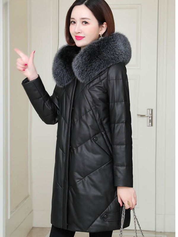 AYUNSUE Genuine Leather Down Jacket Womens Mid-length100% Sheepskin Leather Jackets Fox Fur Collar Women Coats Hooded casaco