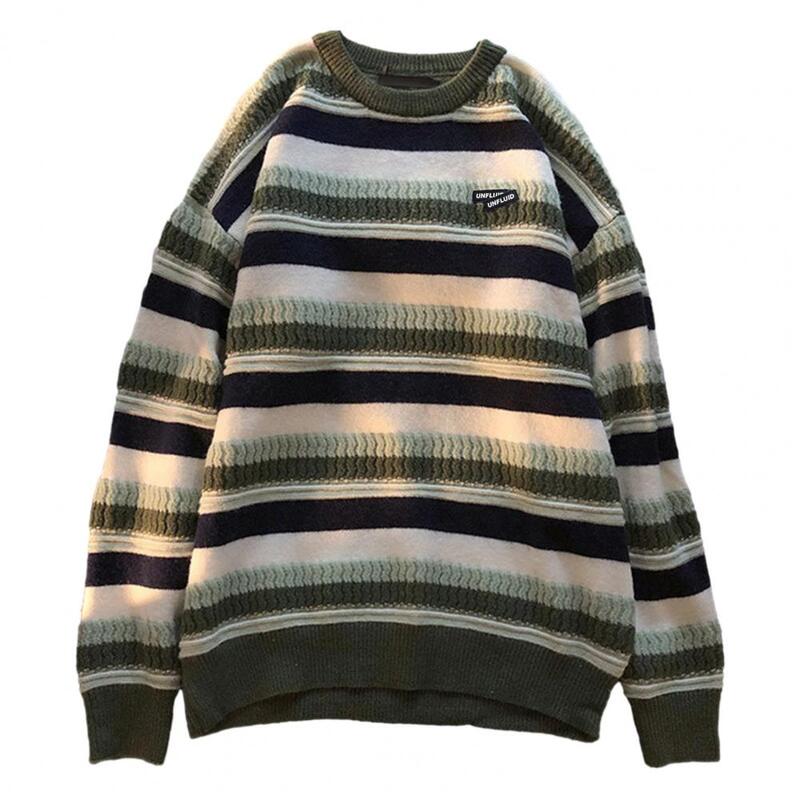 Kolorowe paski blokowy Top męski luźny dzianinowy sweter w paski na jesienno-zimowy sweter z okrągłym dekoltem casualowe w stylu Streetwear miękki wygodny