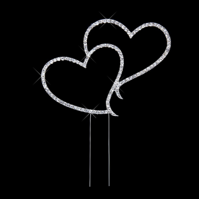 Delikatna kryształki górskie musująca podwójna miłość w kształcie serca dekoracja na tort weselny-rozmiar L (srebrny)