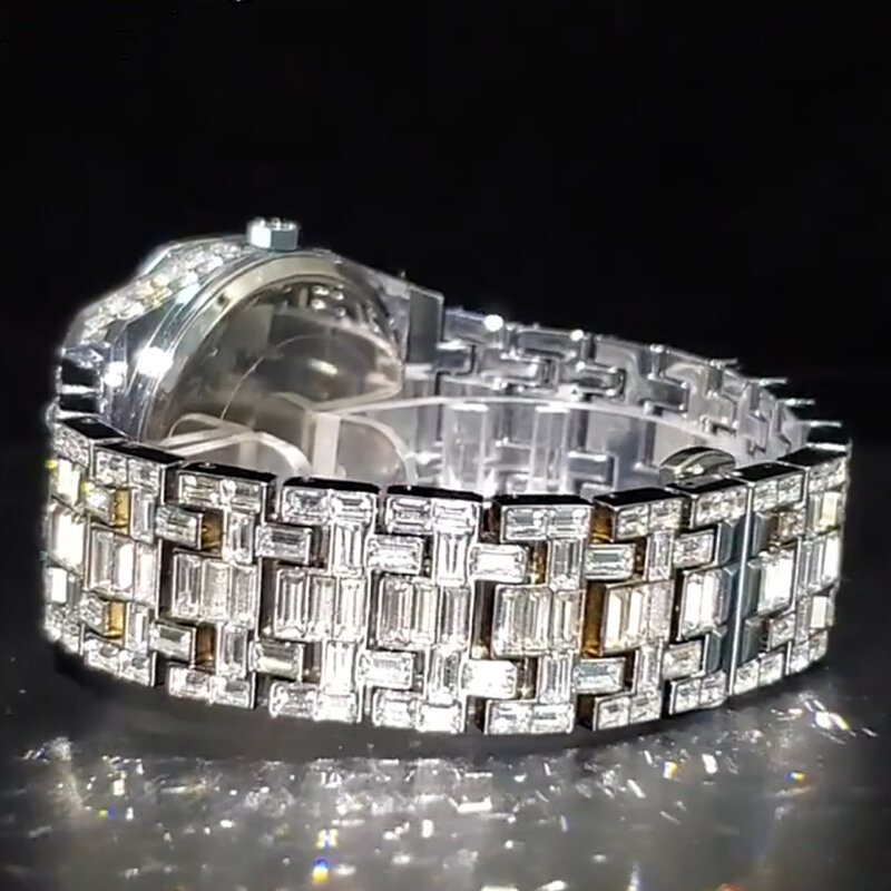 18k ouro dos homens relógios hip hop 8 polegada cubana corrente pulseira definir baguette diamante relógio masculino iced para fora à prova dwaterproof água relogio masculino