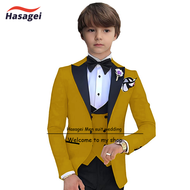 Gelbe Jungen Anzug 10 Jahre alte Hochzeit Kinder Smoking benutzer definierte Größe Jacke Hosen Weste 3 Stück Set formelle Blazer Jungen