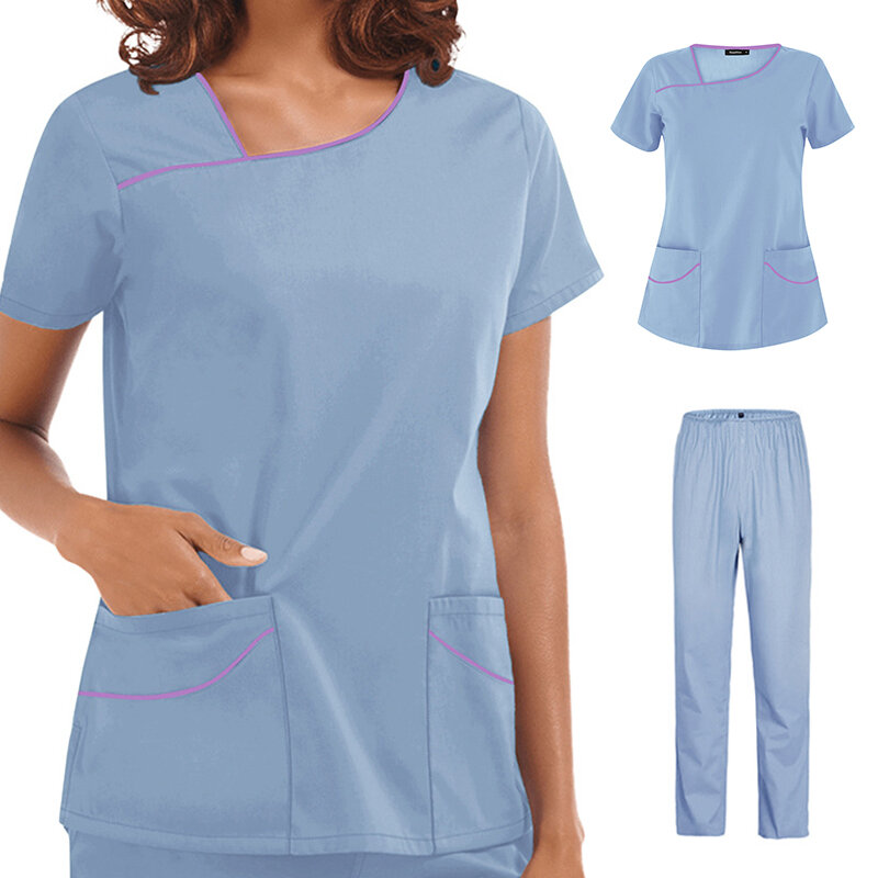 Nursing Scrubs Women Uniforms Pet Grooming Scrub Set Short Sleeve V-neck Top and Pants Doctor Suits Medical Surgery Work Clothes