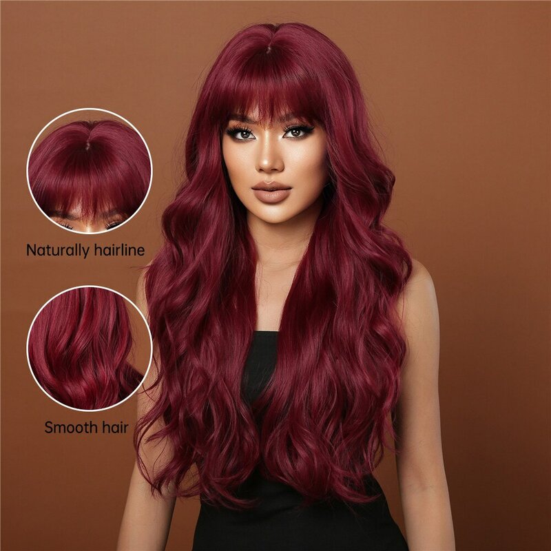 Винно-красные парики для женщин, длинные волнистые бордовые парики с челкой, косплей, Женский ежедневный парик, Синтетические Искусственные волосы, высокотемпературный парик