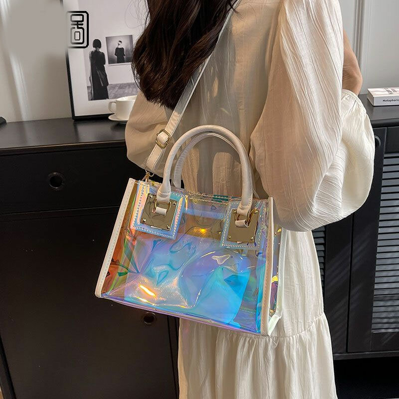 Bolsa transparente portátil de gelatina láser para mujer, bolso cruzado Diagonal de hombro Rectangular de gran capacidad, alta calidad