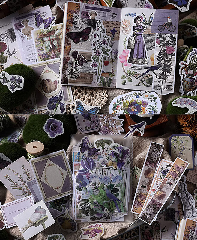 200 Buah Perlengkapan Bahan Scrapbook Vintage Kertas & Stiker Scrapbooking Tanaman Jamur Bunga Mawar Bahan Kit untuk Jurnal