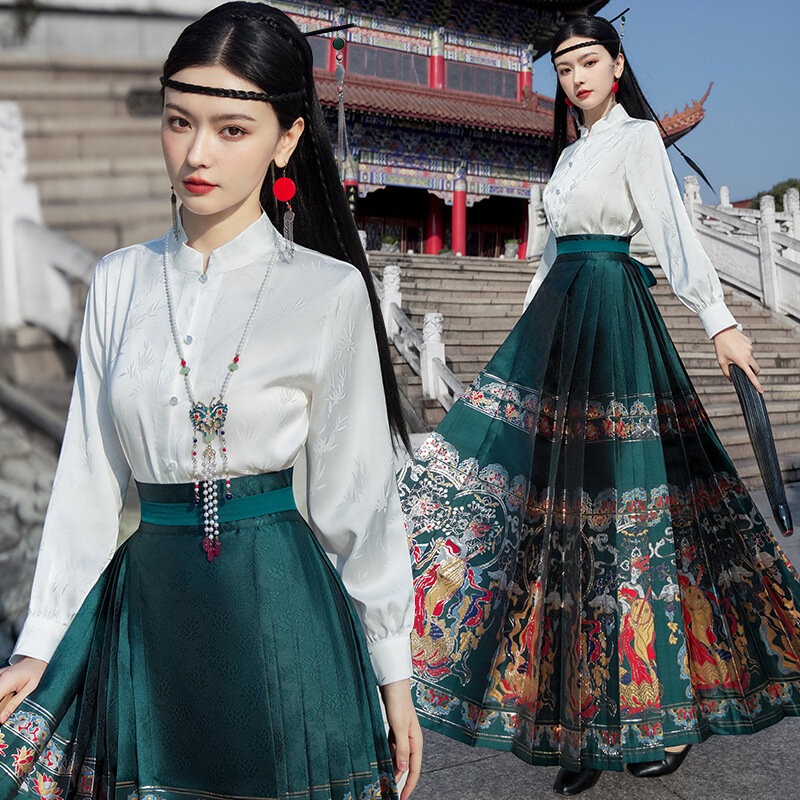 Falda plisada con cara de caballo para mujer, vestido tradicional chino, Falda bordada, elegante, diario