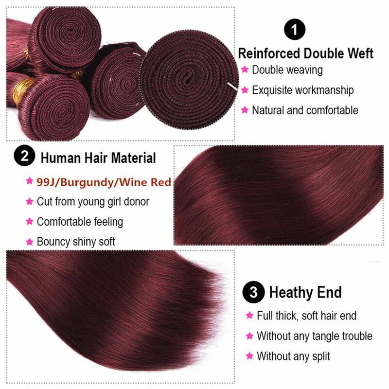 Винно-красный # 99J Человеческие волосы Remy, плетение 16-28 дюймов, Длинные шелковистые прямые необработанные бразильские волосы для наращивания волос для женщин