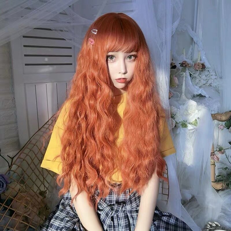 Brudne pomarańczowe długie faliste kręcone peruka z grzywką przedłużanie puszyste włosy dla kobiet spersonalizowane akcesoria do włosów do codziennego użytku