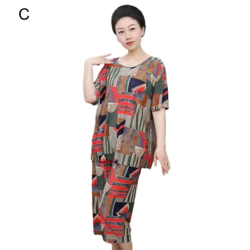 Women Pajama Top Ethnic Style Women's T-shirt Pants Set with Printed Top Cropped Trousers for Casual Sport Outfit 2 Pcs/set
