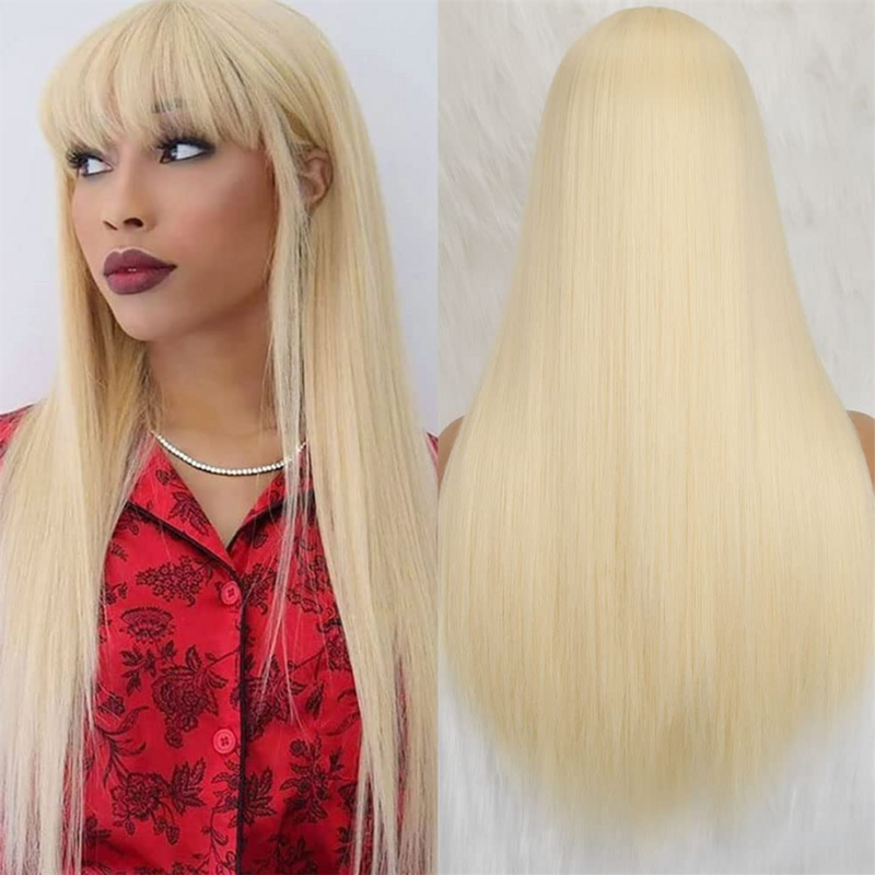 613 Straight Human Hair Wigs With Bangs For Women Lace Frontal 100% Human Hair Cosplay Wig Preplucked Glueless Wig Ready To Wear