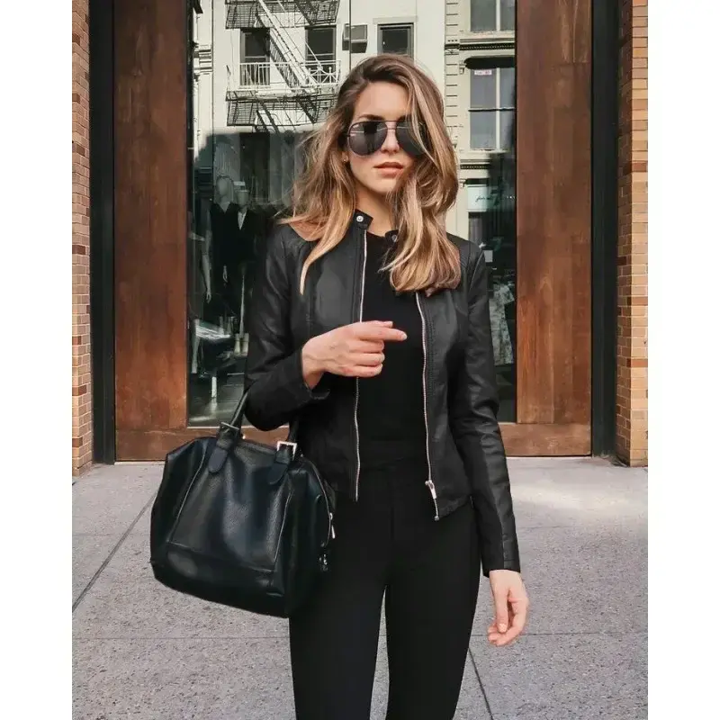 Long Sleeve Zipper PU Coats Outwear Pockets Autumn Casual Trend Women's Fashion Leather PU Blazer Solid Color Leather Jackets