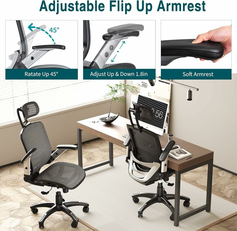 Gabryly silla de oficina con respaldo alto, reposacabezas ajustable, brazo giratorio, función de inclinación, soporte lumbar y ruedas de PU