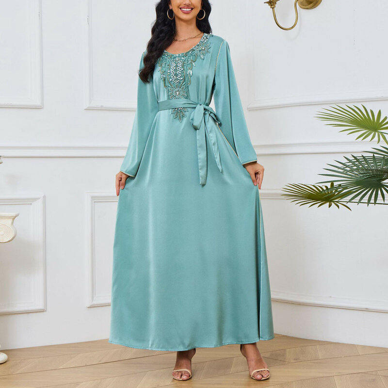 Damen kleider für Sommer lässig Frauen Rundhals ausschnitt Perlen Blumenmuster High-End lang ärmel ige muslimische High-End-Lang kleid