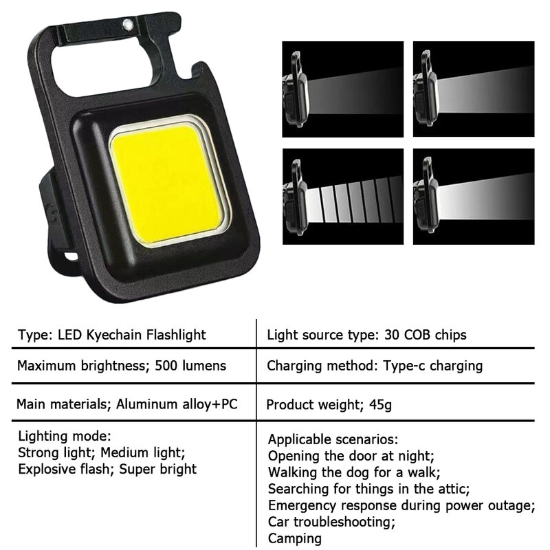 Linterna LED COB impermeable, linterna portátil para acampar, recargable por USB, luz de emergencia para exteriores, soporte ajustable, lámpara de pesca