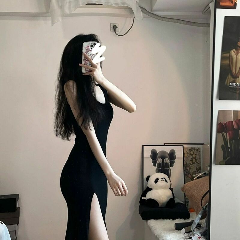 Black Sleeveless Dress Women Korean Fashion Style Side Slit Irregular Mid Calf Sexy Sheath Solid Elegant Chic Summer