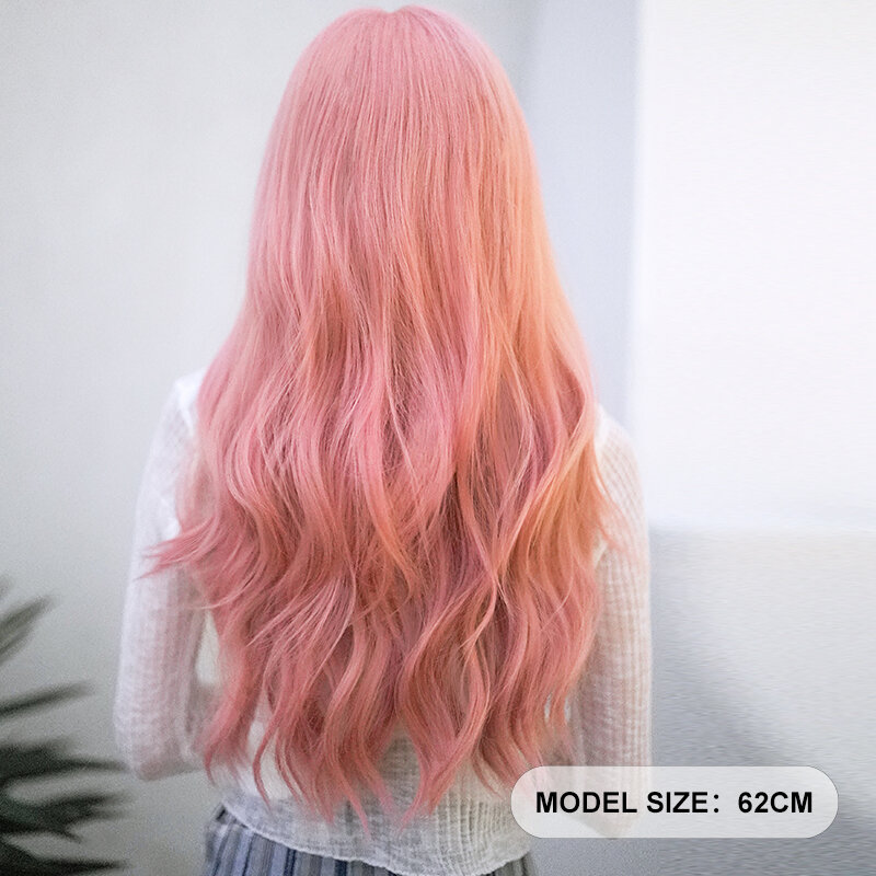 7JHH parrucche corpo sintetico ondulato Sakura parrucca rosa per le donne festa quotidiana parrucche per capelli rosa onda sciolta ad alta densità con frangia ordinata