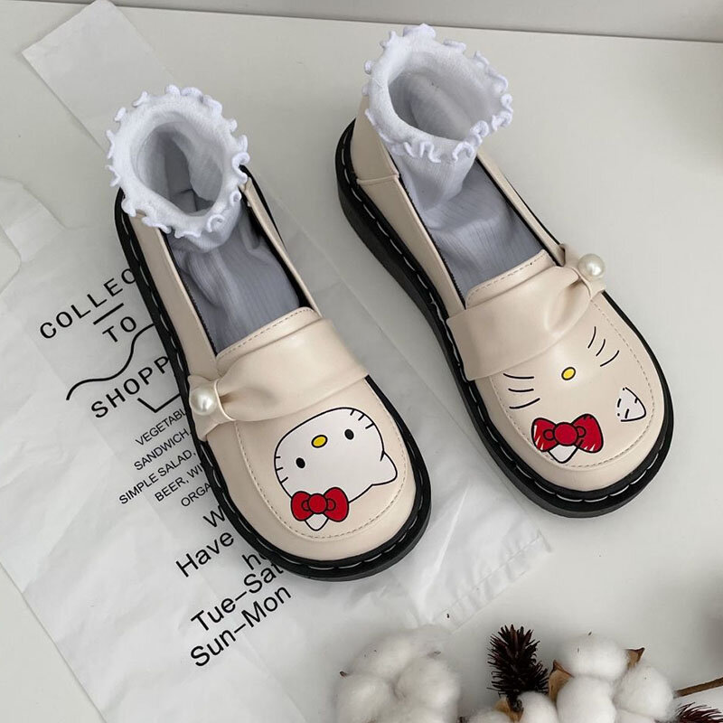 Женские кожаные туфли Sanrio, с рисунком Hello Kitty Kawaii, униформа JK для девушек в стиле Лолиты на плоской подошве, Новинка осени 2022, универсальные туфли Y2k