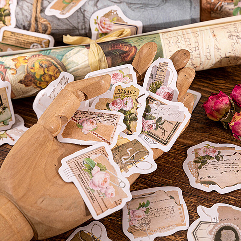 46 unids/caja pegatinas botánicas Vintage flores estéticas cuenta de mano Material DIY pegatinas de papelería decorativas