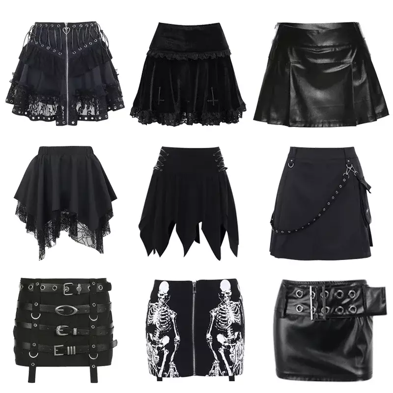Gotycka krótka spódniczka czarna damska spódnica z wysokim stanem 2024 nowa w stylu Y2k Harajuku Punk Goth Dark Grunge Streetwear ubrania damskie