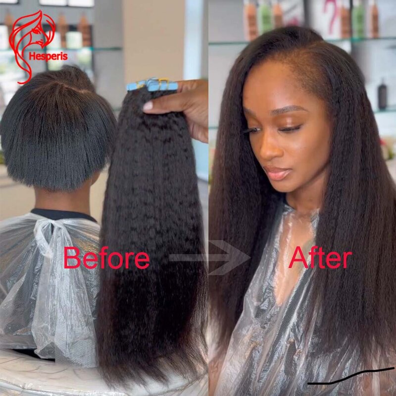 Hesperis-extensiones de cabello humano para mujeres negras, cinta recta rizada de 40 piezas, 100G, color negro Natural