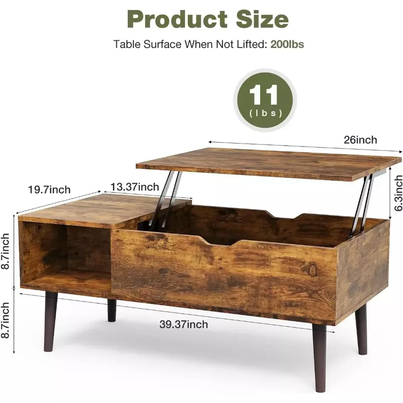 Современный подъемный журнальный столик, деревянная мебель с полкой для хранения и скрытым отсеком для гостиной, коричневые журнальные столики