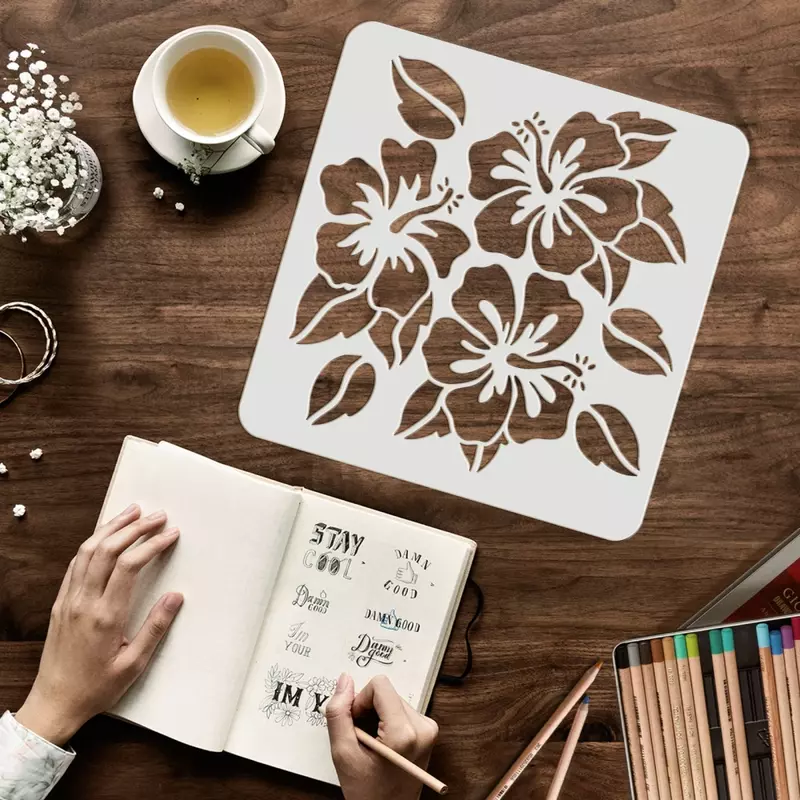Hibiscu ดอกไม้ลายฉลุดอกไม้ฮาวาย Stencil Reusable สแควร์ Leaf พืชล้างทำความสะอาดได้ DIY แม่พิมพ์ลายฉลุสำหรับภาพวาดบนชั้นไม้