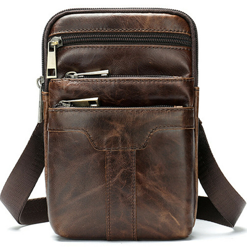 Genuine Cowhide Leather Shoulder Messenger Bags Pocket Waist Pack Mobile Phone  MP4 Storage Handbag Travel Waterproofing Sports