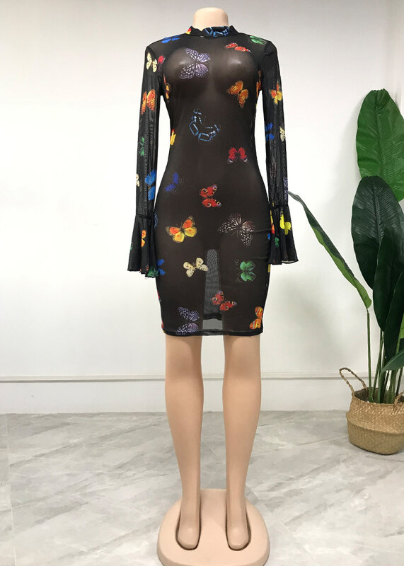 Gaun Afrika untuk Wanita Gaun Pesta Seksi 2022 Pakaian Baru Kerah O Kupu-kupu Cetak Tembus Pandang Pakaian Fashion Rok Baru