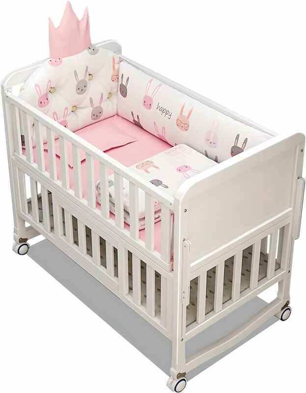 6-in-1 Convertible Baby Crib, Multifunction Mini Crib,5 Piece Toddler Bedding Set + Random Blue or Pink