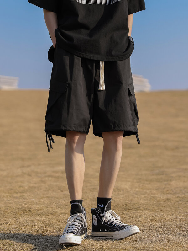 Calção de treino harajuku masculino, calça simples folgada, calça de rua alta, estilo japonês, verão, popular, bonito, 3 cores, design de bolso