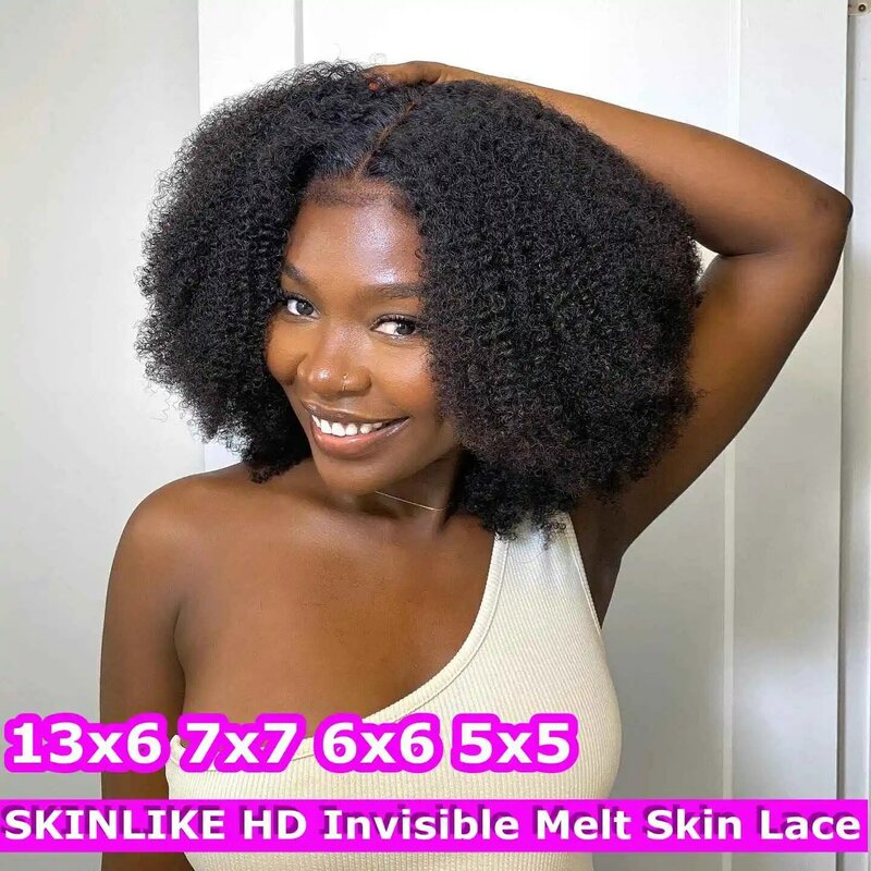 Afro Kinky Peruca Encaracolada para Mulheres, HD Lace Encerramento Perucas, Cabelo Mongol, SKINLIKE Invisible, HD Lace Cabelo Humano, 250%, 7X7, 4B, 4