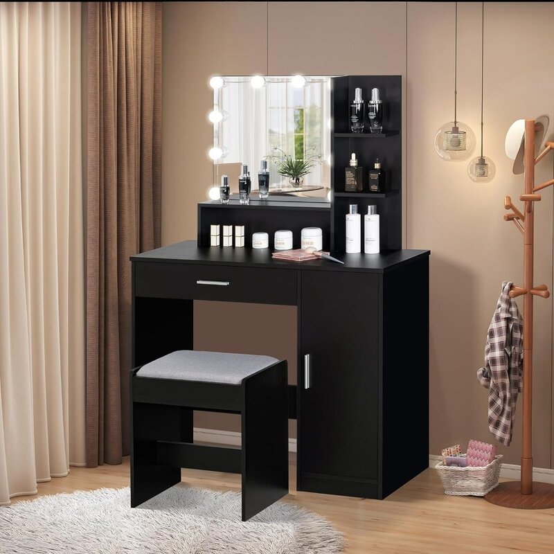 Vanity Desk Set con 1 cassetto, 1 armadio e 3 ripiani, tavolo da trucco con sgabello per camera da letto, 3 modalità di illuminazione e luminosità, nero