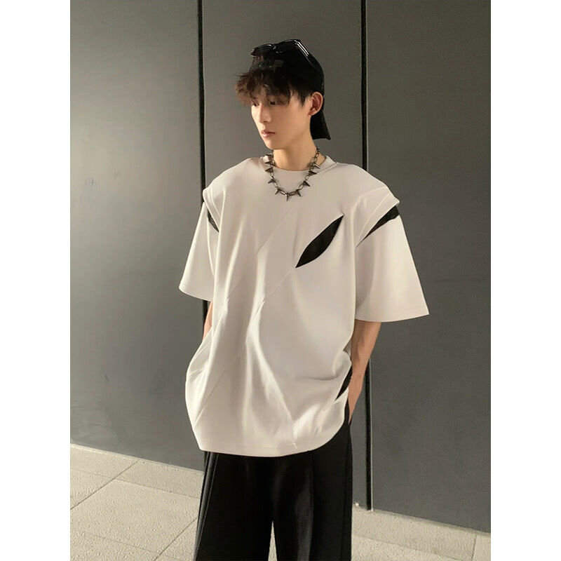 T-shirt com decote em O masculino, manga curta desconstruída, cor de verão emendado, roupa popular coreana, High Street, preto e branco