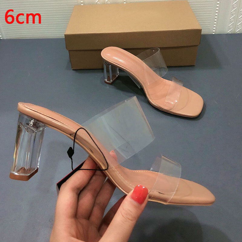 2024 Summer Square Head with Transparent Heels High Heels Women Thick Heels Back Air Wearing Fashion Sandals Women