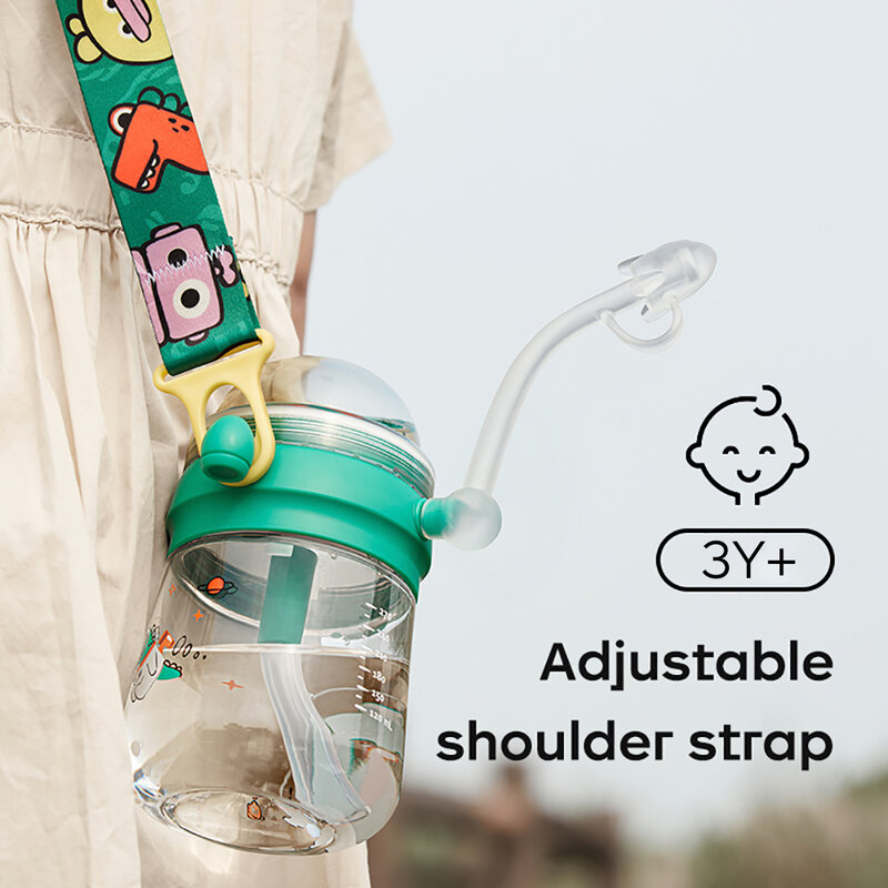 Bc babycare 270ml garrafa de alimentação do bebê com palha de aprendizagem crianças alça de ombro à prova de fugas de água potável divertido copo fonte ao ar livre