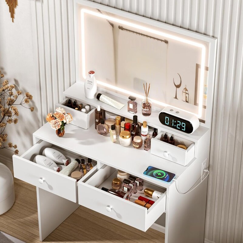 Vanity Desk Set com espelho iluminado LED e Power Outlet, Dressing Makeup Table, Storage Stool, 4 White Drawer for Bedroom