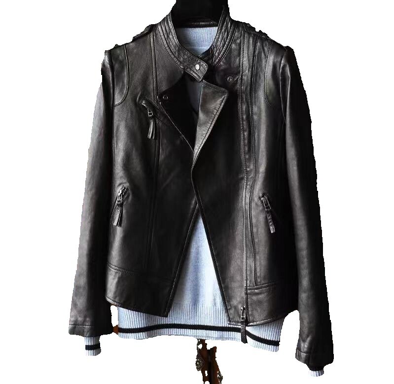 Jaqueta de couro genuíno feminina, couro de ovelha, slim fit, casaco de motocicleta, estilo curto, novo