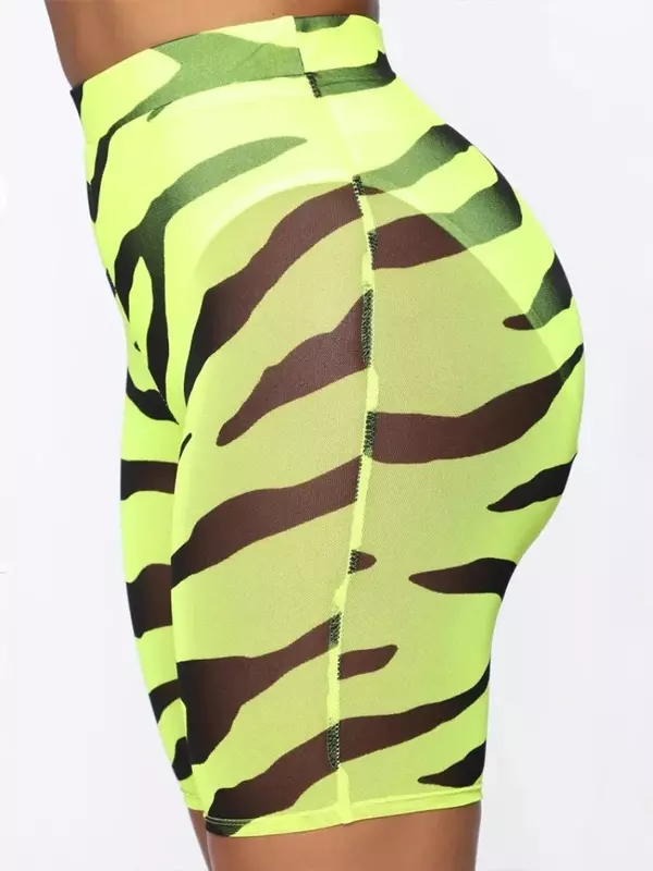 Pantalones cortos de malla con estampado de cebra para mujer, ropa de discoteca Sexy, transparente, de cintura alta, Color neón, MYQH07, 2024