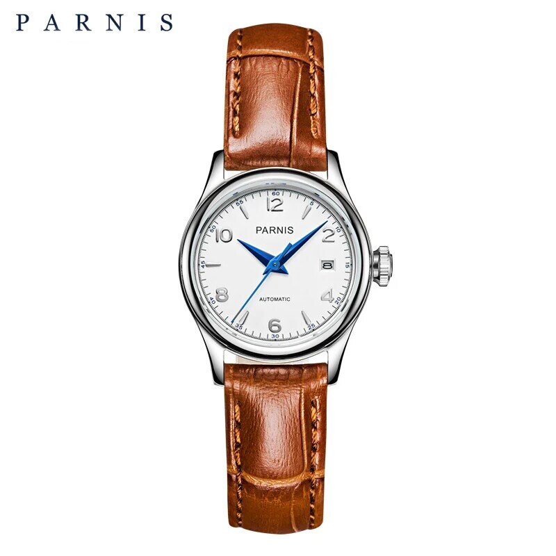 Parnis-reloj mecánico con esfera blanca para mujer, pulsera automática con correa de cuero y cristal de zafiro, 26mm