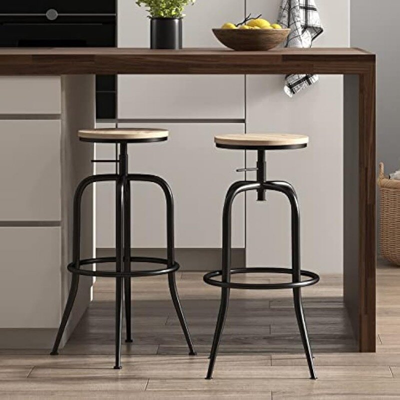 Wonder Comfort Bar Stools Set of 2, 27-30 Inch Tall with Footrest for Kitchen Island Cafe, Rustic, Adjustable Height, Oak