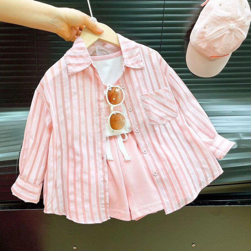 Nieuwe Zomer Zonnebrandcrème Meisjes Kleding Set Streep Shirt + Comfortabele Vest + Korte Broek 3 Stuks Pak Voor Kinderen Verjaardagscadeau