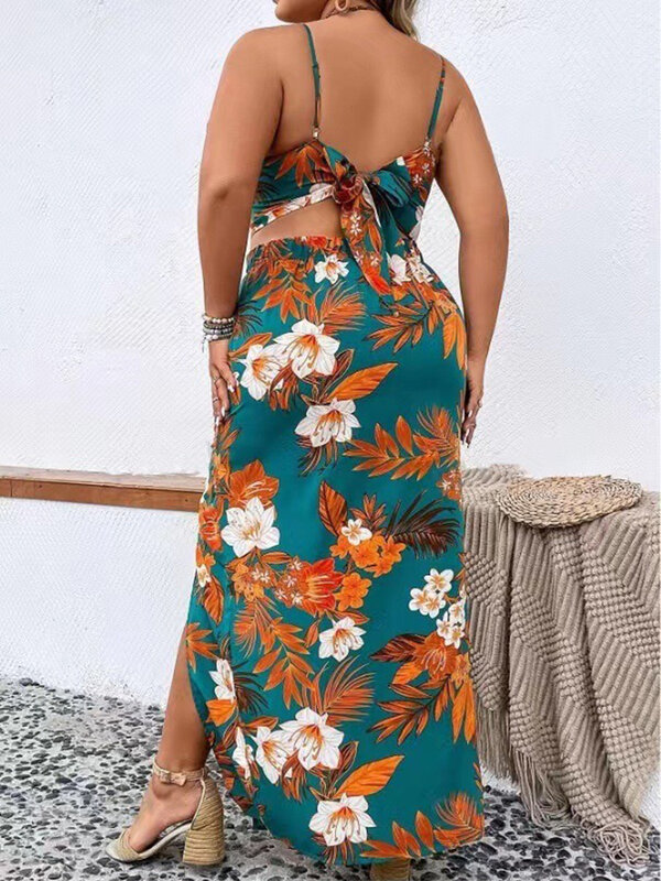 GIBSIE Plus Size Floral Print Holiday Outfits Women's Sets 2 Pieces Boho Sexy Backless Cami Top+Long Skirts Sets For Women 2024